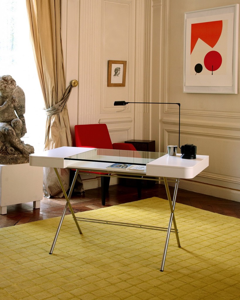 Fascinating Modern Home Office Desk Design Idea In White With Glass Accent Silver Pedestal Black Desk Lamp And Red Chair Fabulous Modern Home Office Desk Design Ideas Furniture + Accessories