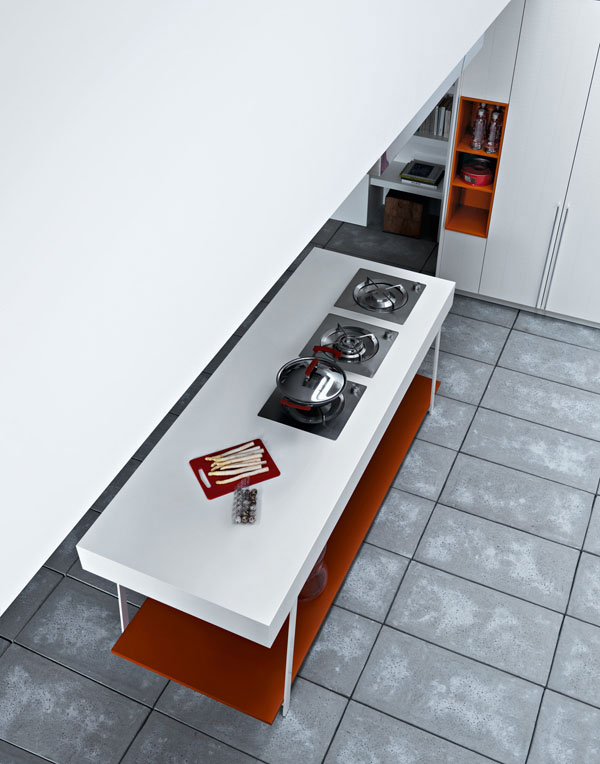 Kitchen Designs Frying Pan On Contemporary Silver Stove Above The White Wooden Element In Th Top Of The Kitchen Table Ceramic Flooring White Kitchen Cabinet White Wall Stove Awesome Contemporary Ideas Combining Two Materials For New Countertop