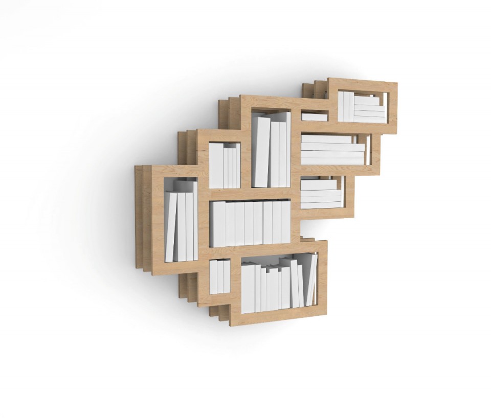 Furniture Cool Wooden Wall Mounted Bookshelves Design By Gerard De Hoop With Three Layered Frames Idea Creative And Unique Bookshelves Designs Wall Hanging Bookshelf Ideas Shelving Design Furniture + Accessories