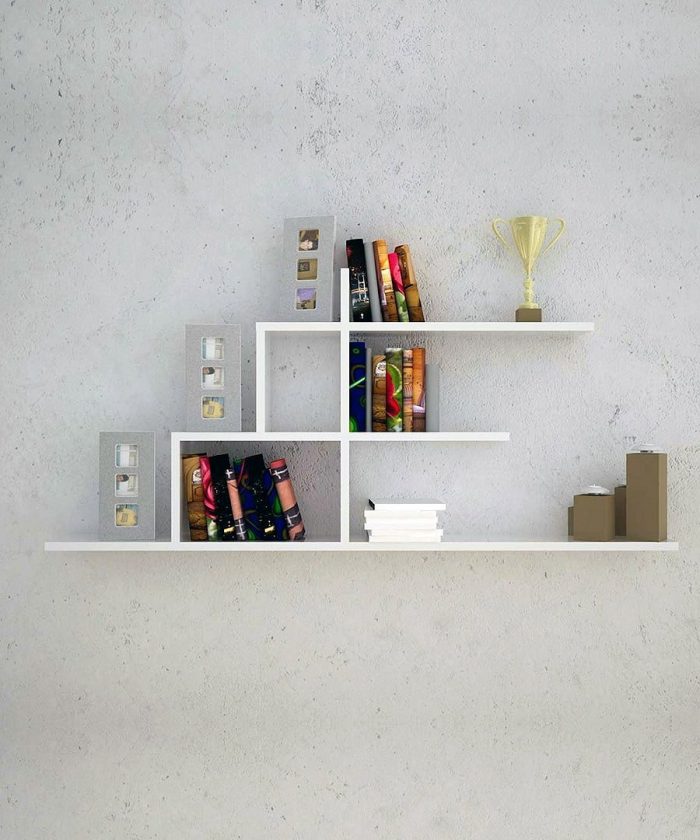 Furniture + Accessories Medium size Furniture Interesting Modular White Bookshelves Design Mounted On Wall With Three Levels Inspired By Stairs Shape Creative And Unique Bookshelves Designs Ikea Wall Mounted Bookshelves Shelving Design