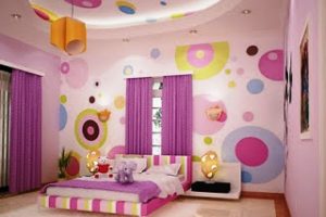 Ideas Thumbnail size Girl Kids Bedroom Decor Ideas And Laminate Flooring Design With Ceiling Decal And Purple Curtain With Purple And Draw Wall Decor And Pillow With Colorful Ideas