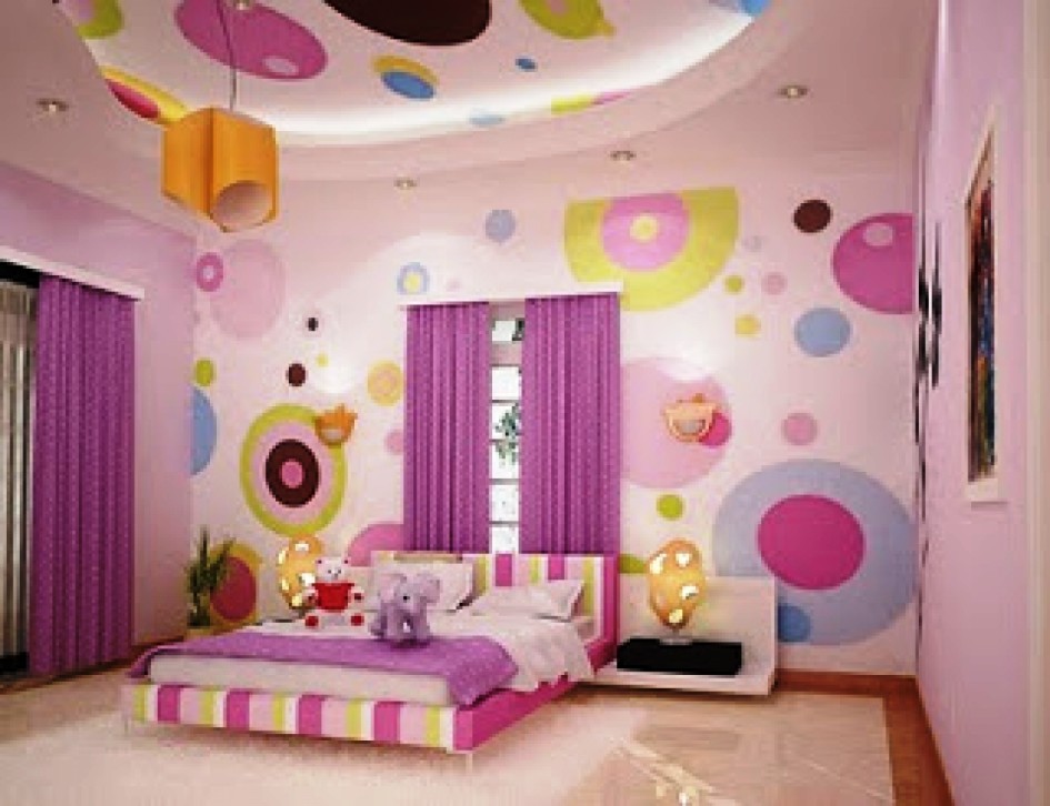 Girl Kids Bedroom Decor Ideas And Laminate Flooring Design With Ceiling Decal And Purple Curtain With Purple And Draw Wall Decor And Pillow With Colorful Ideas Ideas