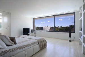 Bedroom Designs Thumbnail size Glamorous Contemporary Bedroom Design Ideas For Girls And Boys With Beautiful Landscape White Wall Glass Window White Wall Shelf Brown Bed Covers Pillow Bed Black Led Tv Design