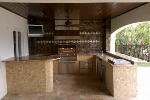 Kitchen Designs Thumbnail size Good U Shape Outdoor Kitchen Decoration Scheme Plan Escorted By Wooden Ceiling Fan As Well As Marble Wall Cabinet Along Escorted By Dark Brown Glazing Ceramic Wall Outdoor Kitchens