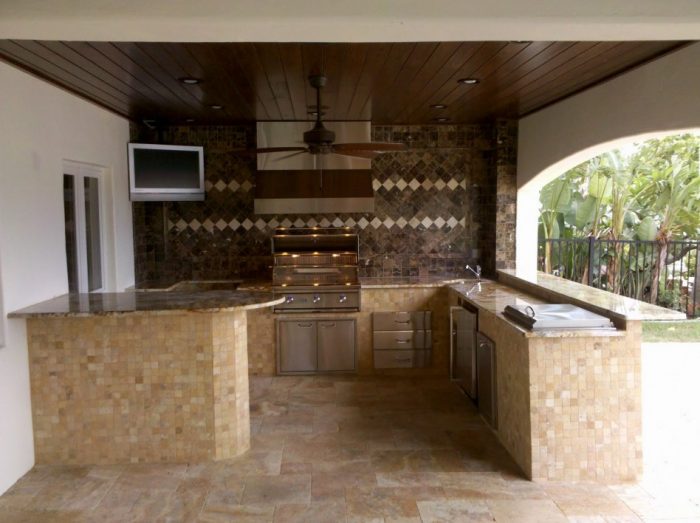 Kitchen Designs Good U Shape Outdoor Kitchen Decoration Scheme Plan Escorted By Wooden Ceiling Fan As Well As Marble Wall Cabinet Along Escorted By Dark Brown Glazing Ceramic Wall Outdoor Kitchens Save On Appliances To Create Effective Kitchen