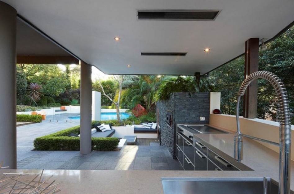 Gorgeous Outdoor Kitchen Spaces Escorted By L Shaped Kitchen Cabinet Over The Stainless Steel As Well As Nice Faucet Also Grey Bick Wall Decoration Outdoor Kitchen Counter Tops Appliances Kitchen Designs