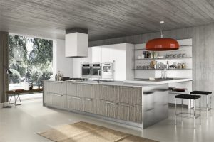 Kitchen Designs Thumbnail size Gray Woodgrain Kitchen Units Red Pendant Lamp Kitchen Island White Kitchen Cabinet Washbasin Stinless Faucet Glass Wall Glass Window Wooden Wall Floor Lamp Long Carpet Flooring White Flooring Design