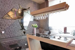 Kitchen Designs Thumbnail size Great Futuristic Kitchen Cushion Brown Ceramic Floor Wine Glass Fresh Cut Flower Brick Wall Glass Table Modern Furniture Black Chair Glass Window White Pillow