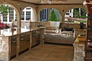 Kitchen Designs Thumbnail size Incredible Kitchen Outdoor Decoration Escorted By Stainless Steel Furniture As Well As High Ceiling Fan Also Escorted By Hard Stone Flooring Outdoor Kitchen Counter Tops Appliances