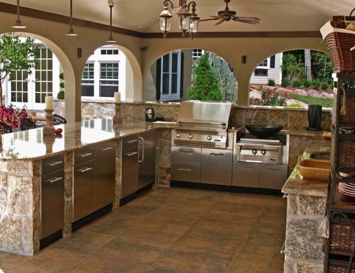 Kitchen Designs Incredible Kitchen Outdoor Decoration Escorted By Stainless Steel Furniture As Well As High Ceiling Fan Also Escorted By Hard Stone Flooring Outdoor Kitchen Counter Tops Appliances Save On Appliances To Create Effective Kitchen