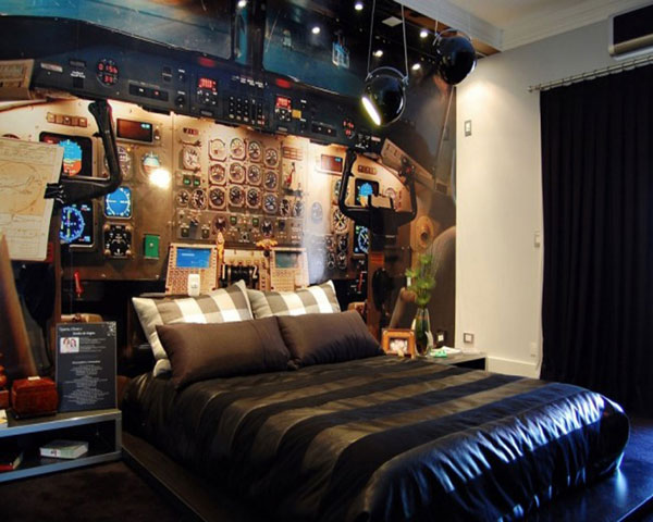 Inspiring Bedroom Design Ideas With Cockpit Headboard Ideas With Stylish Bed Covers On Cozy Bed Pillow White Wall Black Curtains In The Modern Teen Bedroom For Boys Design Bedroom Designs