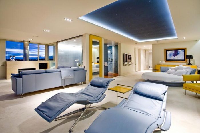 Ideas Interior Home Design Ideas Cream Comfy Sofa Glass Wall Cream Wall Cream Flooring Blue Lounge Chair Blue Cozy Sleeping Chairs Small Yellow Coffe Table Black Table Ideas Comfortable Lounge Chair For Relaxation