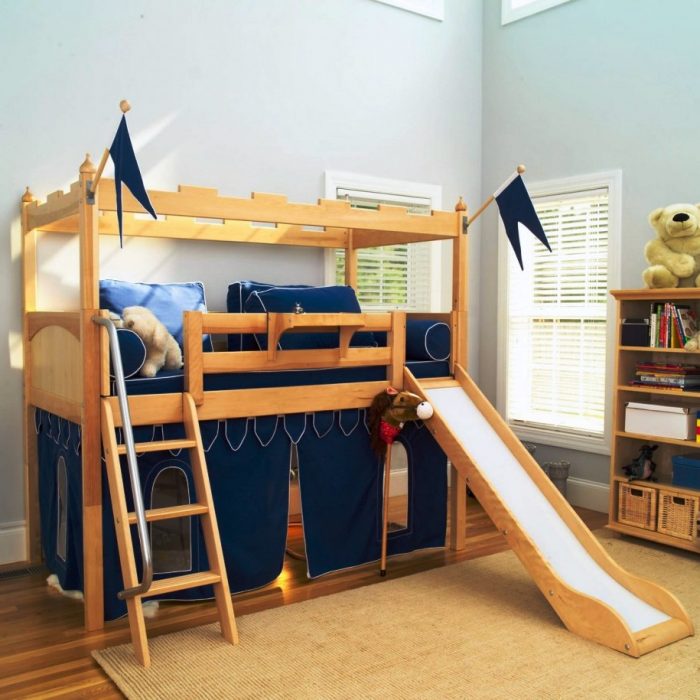 Ideas Medium size Kids Room Design With Curtain Design With Laminate Flooring Design With Bookshelves Design With Level Bed Design With Staircase Design With Blue Wall Design With Carpet Design Ideas