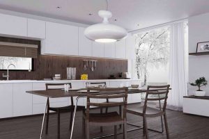 Kitchen Designs Thumbnail size Kitchen Color Scheme With Glass Wall And White Curtains And White Pendant Lamp And White Kitchen Units Design Also Small Dining Sets Design With Long Dining Table And Wood Dining Chair Design