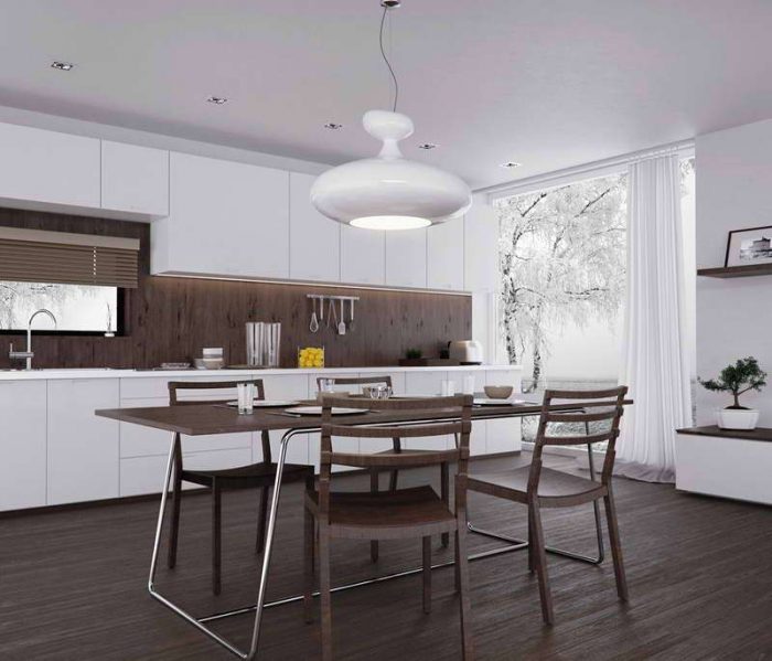 Kitchen Designs Kitchen Color Scheme With Glass Wall And White Curtains And White Pendant Lamp And White Kitchen Units Design Also Small Dining Sets Design With Long Dining Table And Wood Dining Chair Design Kitchen Sink Lighting In The Kitchen