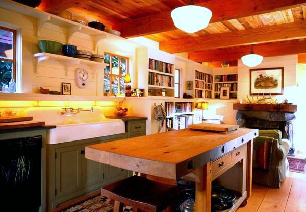 Kitchen Wood Countertop Design Pendant Lamp Wooden Chairs White Wall Window Large White Washbasin Green Drawer Picture Frame Wood Flooring Cook Appliances White Wall Floral Carpet Kitchen Island Kitchen Designs