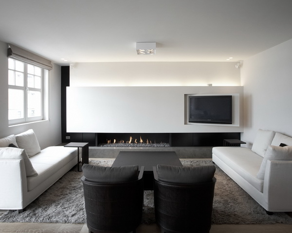 Ideas Living Room Design Ideas With Fireplace Design Grey Fur Rug White Sofa And Cushion Black Wood Table Black Armchair Black And White Living Room Color Scheme Ideas With Glass Ideas Attractive Fireplace Stone Veneer