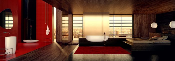 Bathroom Designs Low Profile Bed Design Modern Bathroom Inspiration With Wood Floor Design With Bedroom Design Ideas With With Pendant Lamp With White Bath Tub With Red Bathroom Tile Wall Design Ideas Bathroom Models With Different Tile Materials