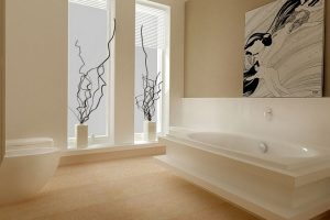 Interior Design Minimalist Bathroom Decoration Ideas From White Wall Interior With Great Natural Lighting From Two Glass Window And Cream Flooring Design Ideas Loft Window Treatments To Do