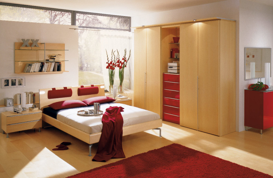 Modern Bedroom Design Ideas Red Carpet Flooring Wooden Flooring White Wall Red Pillow Large Wardrobes Fresh Cut Flower Bookshelves Chest Of Drawer Mirror Glass Window Cozy Bed Interior Bedroom Ideas Interior Design