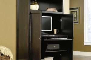 Furniture + Accessories Thumbnail size Modern Computer Armoire Desk Design Ideas And Glass Window With Rattan Basket With Laminate Flooring Design With Dark Wooden Material And Brown Wall Design And Carpet Flooring Ideas