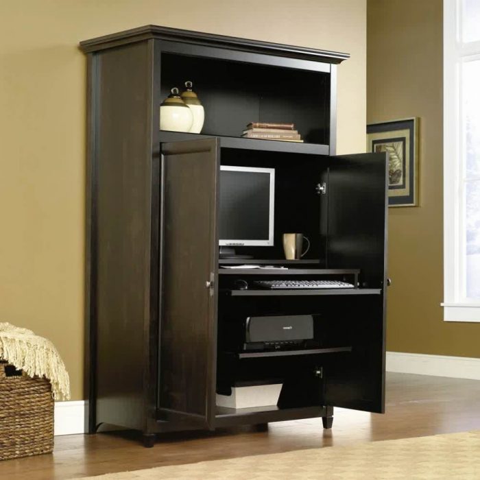 Furniture + Accessories Modern Computer Armoire Desk Design Ideas And Glass Window With Rattan Basket With Laminate Flooring Design With Dark Wooden Material And Brown Wall Design And Carpet Flooring Ideas To Choose Best Buy Computer Chairs