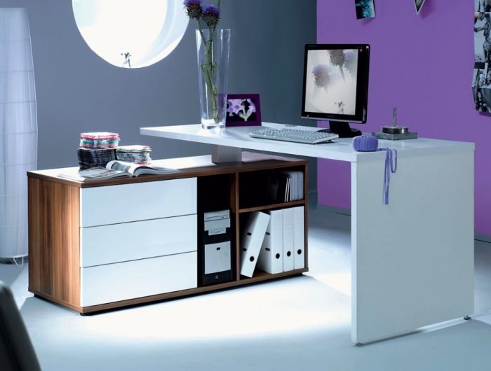 Furniture + Accessories Medium size Modern Computer Armoire Desk Design Ideas And Wooden Storage For Modern Home Office Design With Rectangle Shaped And Purple Wall And Grey Wall Design With Sleek Marble Floor Ideas