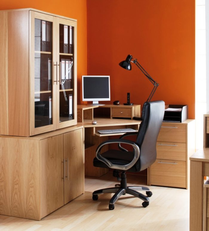 Furniture + Accessories Medium size Modern Computer Armoire Desk Ideas And Orange Wall Design With Leather Swivel Chair For Home Office Design Ideas With Corner Graded Black Arch Lamp With Wooden Flooring Design Ideas