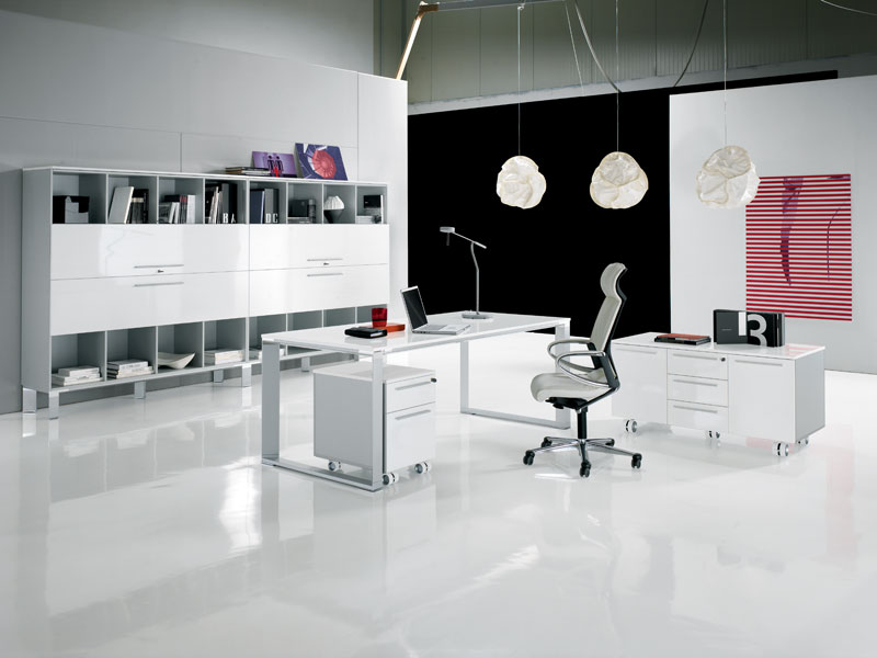 Modern Home Office Furniture Ideas With White Terrific Home Office Desk And White Contemporary Chair And White Wonderful Cabinet And Clear White Marble Floor With Unique Pendant Furniture + Accessories