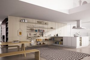 Ideas Thumbnail size Modern Kitchen Design Ideas With Striped Carpet Flooring And Open Kitchen Shelving Design With Wooden Dining Table And Wooden Bench Ideas