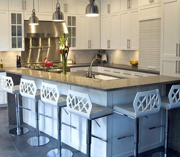 Modern Kitchen Island Stainless Pendant Lamp Washing Stand White Kitchen Cabinet Glass Countertops Design Stainless Chair Pink Teapots Grey Ceramic Floor Small White Drawer Fruits In The Bowl Kitchen Kitchen Designs