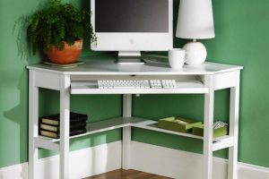 Furniture + Accessories Thumbnail size Modern White Small Computer Desk Design And White Desk Lamp And Keyboard Space With Shelf With Laminate Flooring For Home Office Design Ideas And Green Wall Ideas