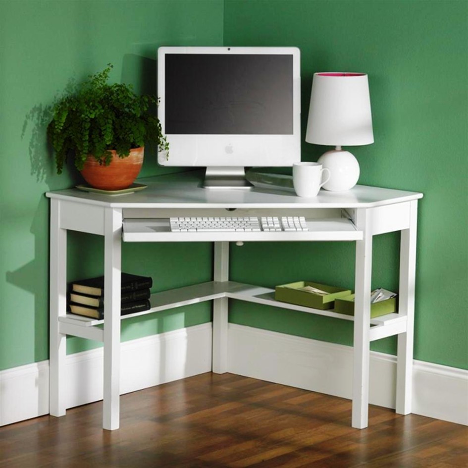 Modern White Small Computer Desk Design And White Desk Lamp And Keyboard Space With Shelf With Laminate Flooring For Home Office Design Ideas And Green Wall Ideas Furniture + Accessories