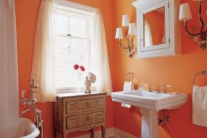 Bathroom Designs Orange Bathroom Design Ideas With Orange Wall Design With White Curtain Washbasin Bedroom Storage Design And Marble Flooring Design And Mounted Lamp For Bathroom Interior Design Ideas New Minimalist-Orange-And-White-Bathroom-Design-Ideas-With-White-Ceramic-Tile-Wall-Design-And-Glass-Window-With-Orange-Bathroom-Wall-Design-And-Wooden-Flooring-For-Bathroom-Design-Ideas