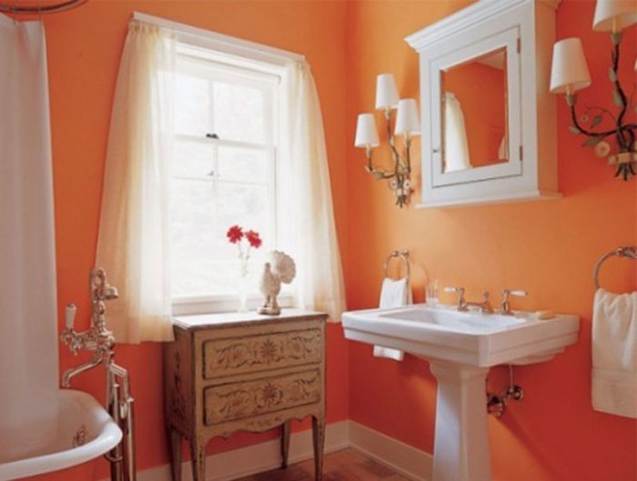 Bathroom Designs Medium size Bathroom Designs Orange Bathroom Design Ideas With Orange Wall Design With White Curtain Washbasin Bedroom Storage Design And Marble Flooring Design And Mounted Lamp For Bathroom Interior Design Ideas Ceramic For Bathroom Ideas Tile