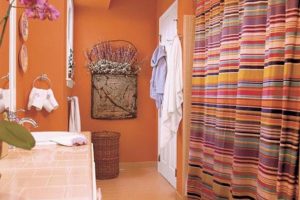 Bathroom Designs Thumbnail size Bathroom Designs Orange Bathroom Design Ideas With Small Space Design And Orange Bathroom Wall Design With Ceramic Tile Bathroom Floor Design And Washbasin Cabinet Design And Striped Curtain For Bathroom Ideas Ceramic For Bathroom Ideas Tile