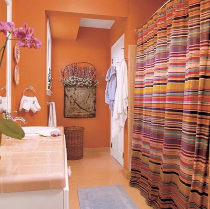 Bathroom Designs Medium size Orange Bathroom Design Ideas With Small Space Design And Orange Bathroom Wall Design With Ceramic Tile Bathroom Floor Design And Washbasin Cabinet Design And Striped Curtain For Bathroom Ideas