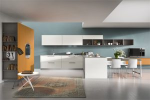 Kitchen Designs Thumbnail size Orange Kitchen Units Kitchen Island White Kitchen Countertop White Kitchen Cabinet Grey Flooring Chairs Carpet Flooring Stainless Faucet Round Table Floor Lamp Blue Wall Single Oven Design