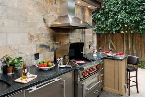 Kitchen Designs Luxurious Scheme Plan For Outdoor Kitchen Escorted By Grill As Well As Tranventine Counter Tops Also Nice Loghting Park Decoration Plan Outdoor Kitchen Counter Tops Appliances Save On Appliances To Create Effective Kitchen