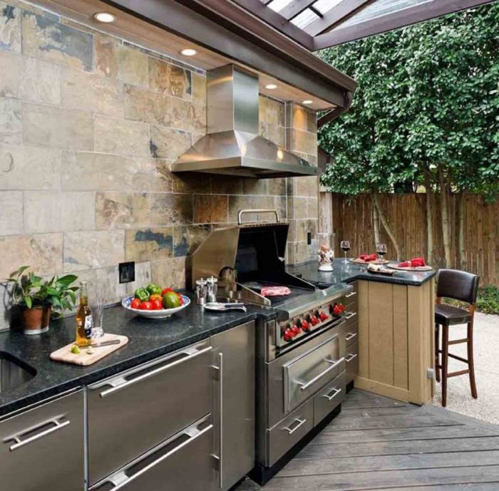 Kitchen Designs Medium size Outdoor Kitchen Countertop Material Widescreen Background As Well As Silver Range Hood As Well As Brown Mini Bar Chairs Such As Stainless Steel Cabinet Over Black Marble Countertops Scheme Plan Outdoor