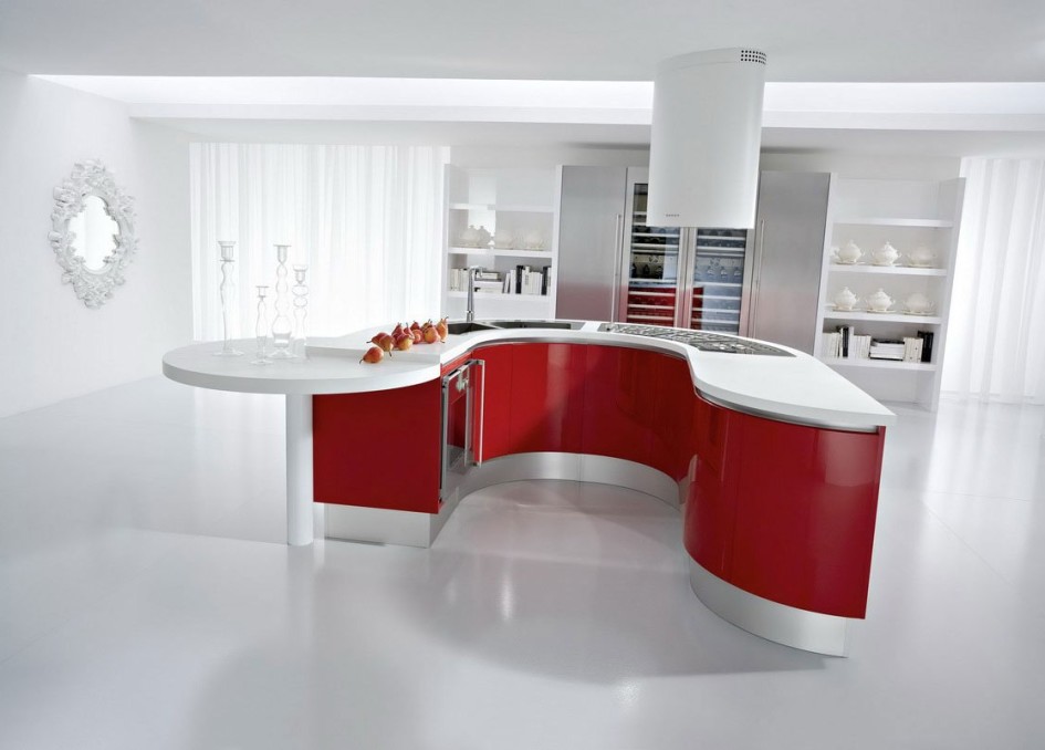 Red And White Kitchen Color Scheme With Unique Kitchen Island Design Ideas With Stainless Faucet For Washbasin Design And Red White Kitchen Interior Design Ideas Style Kitchen Designs