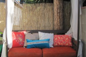 Ideas Colorful Pattern Cushions Escorted By Blue Wooden Frame Having Wooden Canopy On Stone Floor Fascinating Scheme Of Outdoor Daybed Escorted By Canopy Showing Modern Plan Various Contemporary Designs Of Outdoor Beds