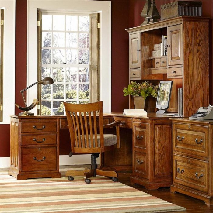 Furniture + Accessories Rustic Computer Armoire Desk Design And Glass Window For Rustic Home Office Interior Design Ideas With Wooden Appearance Drawers And Cabinet And Striped Fur Rug With Wooden Swivel Chair Ideas To Choose Best Buy Computer Chairs