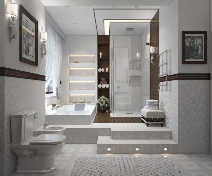 Bathroom Designs Shower Room Design Ideas With Modern Bath Tub Design With Wooden Flooring Design With Glass Window And White Curtain With Bathroom Eall Design Ideas Small Bathrooms For Small Spaces