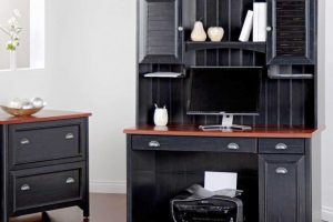 Furniture + Accessories Thumbnail size Small Black Wooden Computer Desk Ideas And White Wall Design And Shelf With Black Cabinets With Laminate Flooring Design And Drawer On The Corner Room Ideas