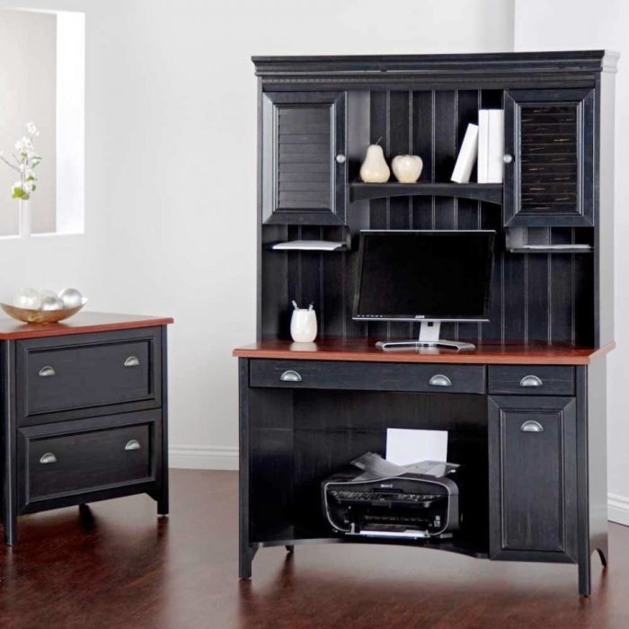 Furniture + Accessories Small Black Wooden Computer Desk Ideas And White Wall Design And Shelf With Black Cabinets With Laminate Flooring Design And Drawer On The Corner Room Ideas Determining And Managing Computer Desk Designs