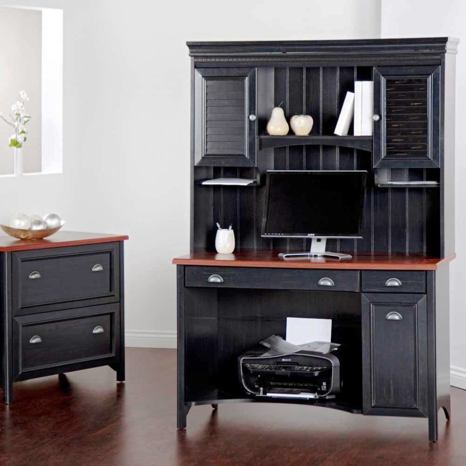 Small Black Wooden Computer Desk Ideas And White Wall Design And Shelf With Black Cabinets With Laminate Flooring Design And Drawer On The Corner Room Ideas Furniture + Accessories