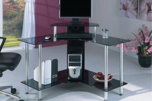 Furniture + Accessories Thumbnail size Furniture + Accessories Small Computer Desk Design And Black Swivel Chair With Glass Window And White Curtain With Shelf From Glass For Home Office Design Ideas And Purple Wall Design Ideas Corner And Kidney Shaped Desk Home Office Desk Ideas