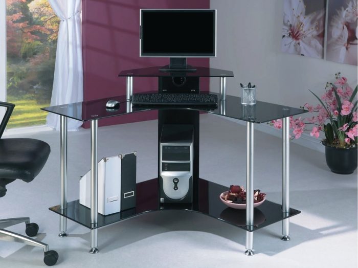 Furniture + Accessories Medium size Small Computer Desk Design And Black Swivel Chair With Glass Window And White Curtain With Shelf From Glass For Home Office Design Ideas And Purple Wall Design Ideas