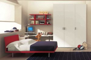 Furniture + Accessories Thumbnail size Small Computer Desk Design And Comfortable Bed With White Wardrobe Bed For Bedroom Design Ideas And Red Shelving And Rug With White Desk Lamp And Wooden Chair Ideas